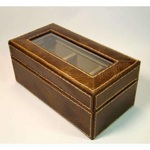 FOSSIL Men’s Brown Leather Valet Box Organizer for Jewelry Watches Keys Belts - Picture 2 of 10